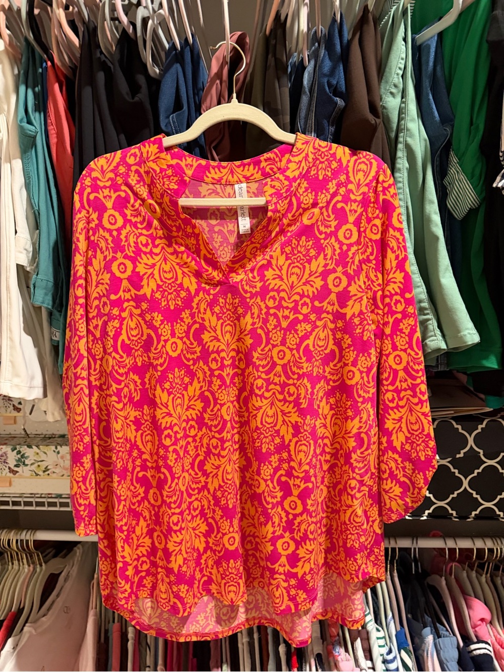 Vivid Pink & Orange Printed V-Neck Blouse